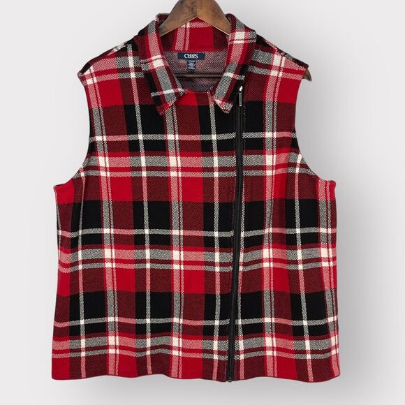 Chaps Full Zip Vest Women 1X Red Plaid‎ Sleeveless Collared 100% Cotton AA66 - Picture 1 of 8